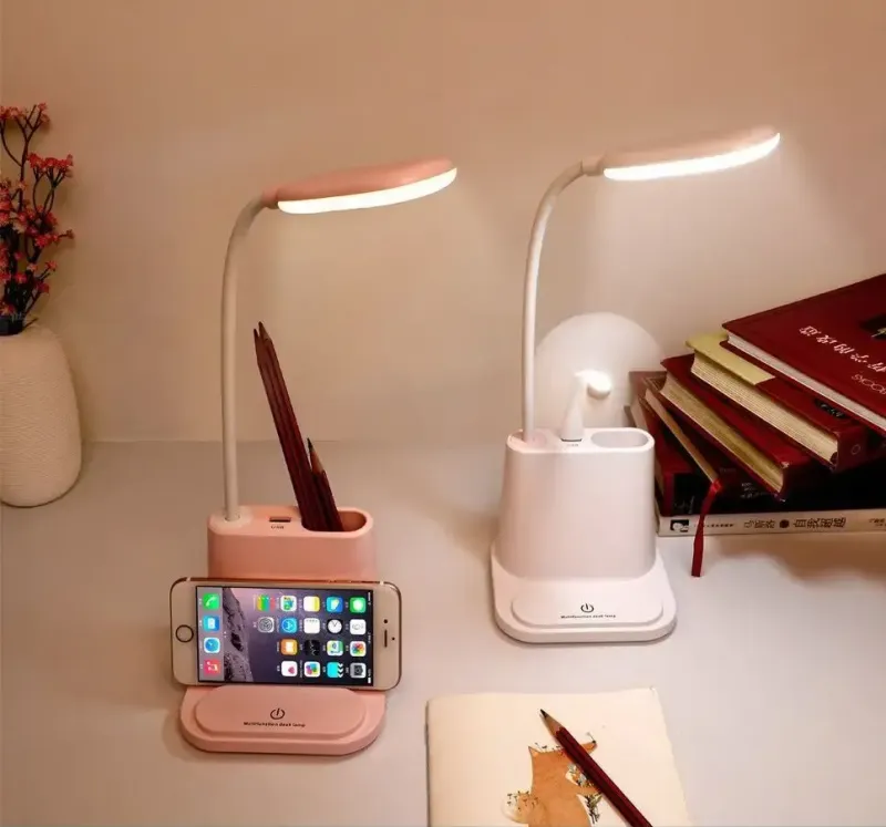 Рожева Акумуляторна настільна LED лампа Bionic Desk Lamp c USB виходом, органайзером та підставкою для смартфона
