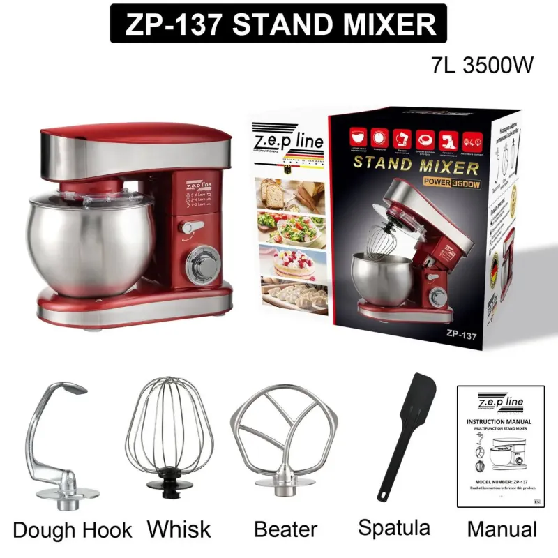 Червоний Кухонний тестоміс міксер 4в1 3500 Вт на 7 літрів Zepline з нержавіючої сталі ZP-137