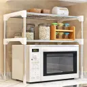 Полиця органайзер для мікрохвильової печі Wellamart кухонний стелаж розсувний з гачками на три полиці для НВЧ печі