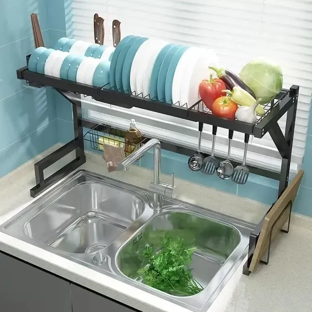 Багатофункціональна Двоярусна полиця - органайзер JYH для сушіння посуду над раковиною, чорна 65 см