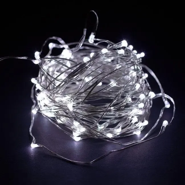 Новорічні гірлянди. Мідна дротяна лампа 100LED 10м (батарейки) Колір білий Силіконовий провід (7108)