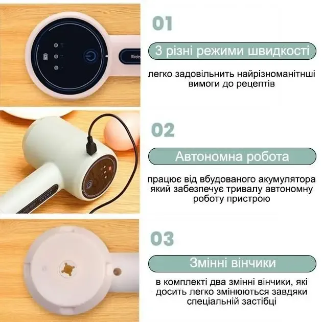 Портативний електричний бездротовий ручний міксер на акумуляторі USB вінчик для збивання