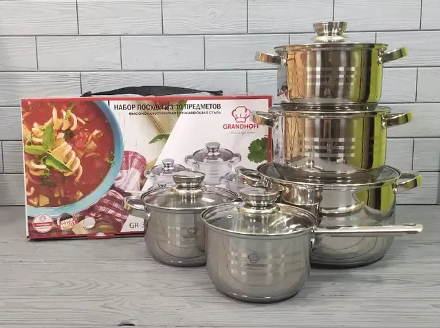 Набір каструль 10 предметів із нержавіючої сталі Grandhoff GR-3837 з багатошаровим дном, для всіх видів плит
