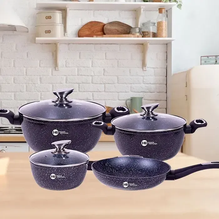 Набір посуду для будинку зі сковородою, граніт, круглий чорний (7 предметів)