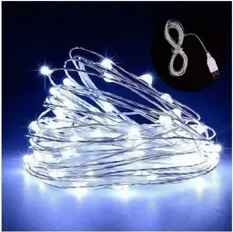 Гірлянда нитка Роса від USB, 30м, 300LED + пульт, Холодний білий / Світлодіодна новорічна гірлянда