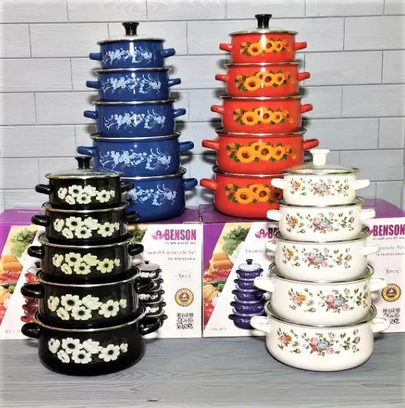 Набір емальованих каструль з кришками Benson BN-079 чорний (10 предметів) каструля Бенсон, Бенсон