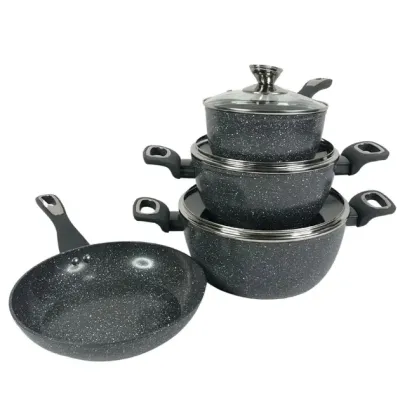 Набір посуду для будинку зі сковородою, граніт, круглий чорний (7 предметів)