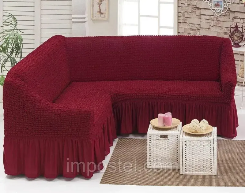 Чохол на кутовий диван з оборкою, накидка на диван
