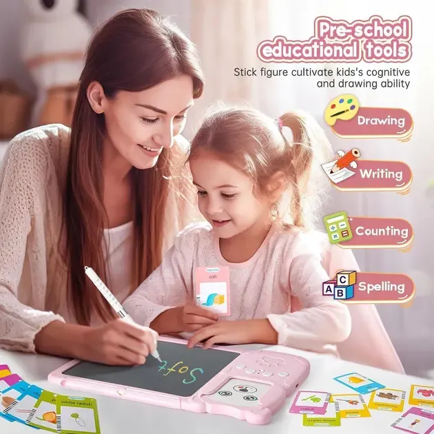 Монтесорі для вивчення англійської мови 2в1 інтерактивний планшет і кольорова LCD дошка для малювання 510 слів мишка Рожевий