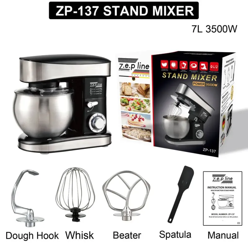 Червоний Кухонний тестоміс міксер 4в1 3500 Вт на 7 літрів Zepline з нержавіючої сталі ZP-137