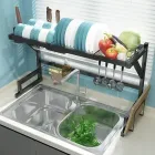 Багатофункціональна Двоярусна полиця - органайзер JYH для сушіння посуду над раковиною, чорна 65 см