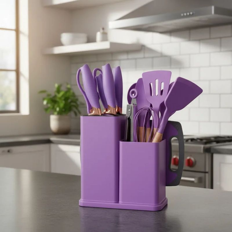 Набір силіконових кухонних речей 19 предметів Фіолетовий Kitchen Set Кухонний набір з дощечкою