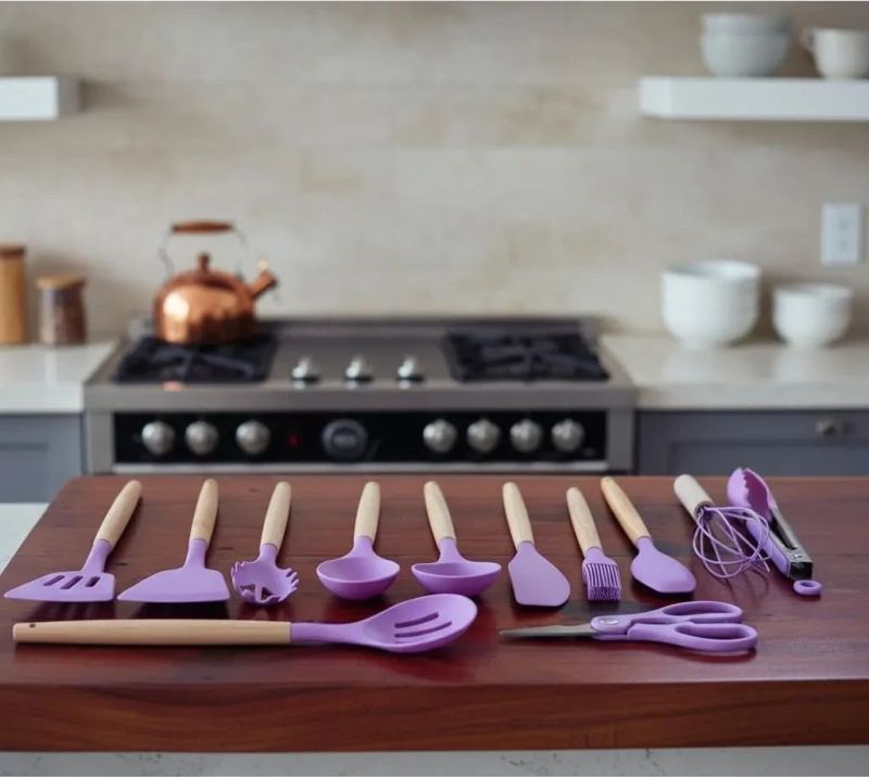 Набір силіконових кухонних речей 19 предметів Фіолетовий Kitchen Set Кухонний набір з дощечкою