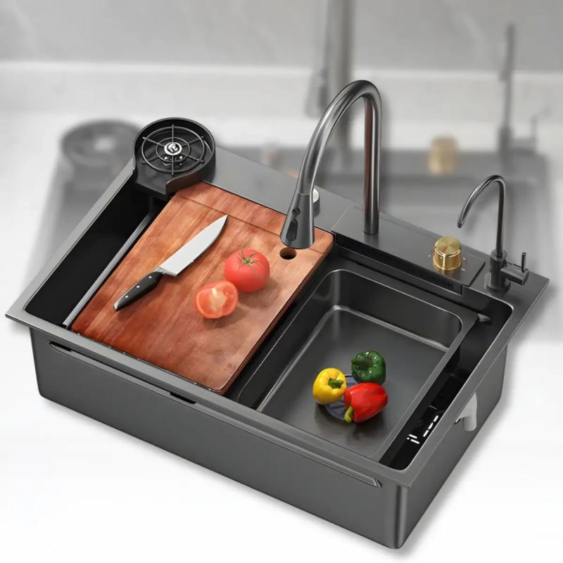 Кухонна мийка з нержавіючої сталі 75×46 см з висувним змішувачем та 3 режимами подачі води “Водоспад” RK