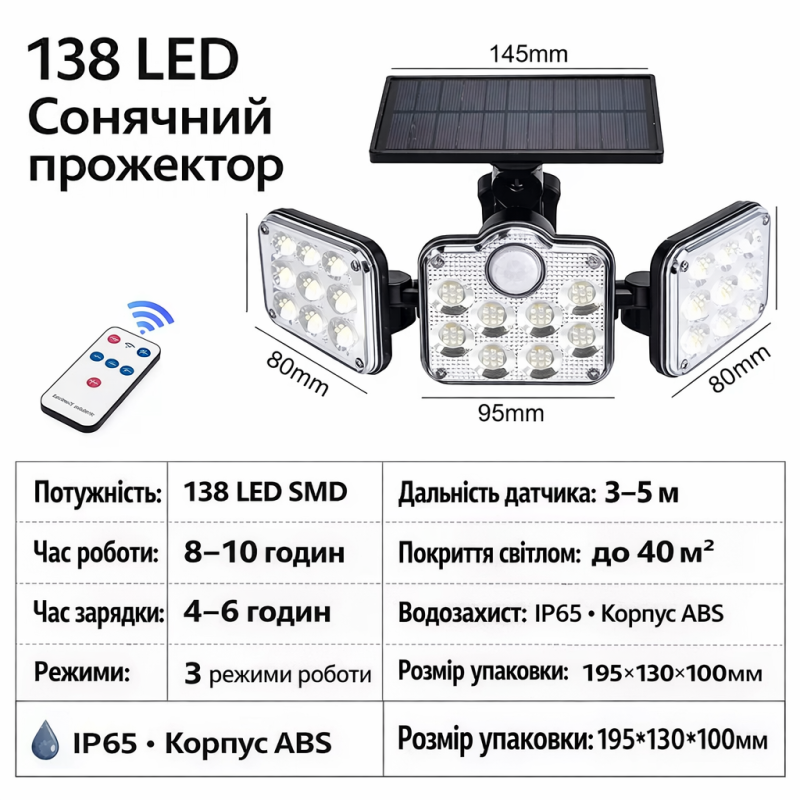Сонячний вуличний LED світильник Solar Lights Outdoor 122–138 LED з датчиком руху та захистом IP65