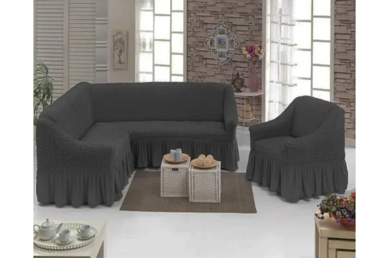 Чохол накидка на кутовий диван з кріслом, комплект чохлів на кутовий диван та крісло з оборкою Туреччина