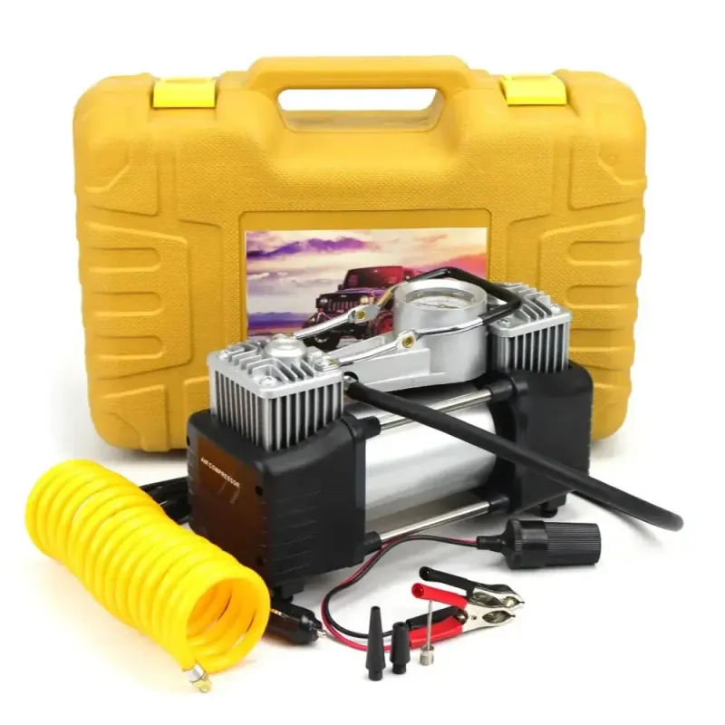 Автомобильный двухпоршневый компрессор с набором инструментов в кейсе YELLOW
