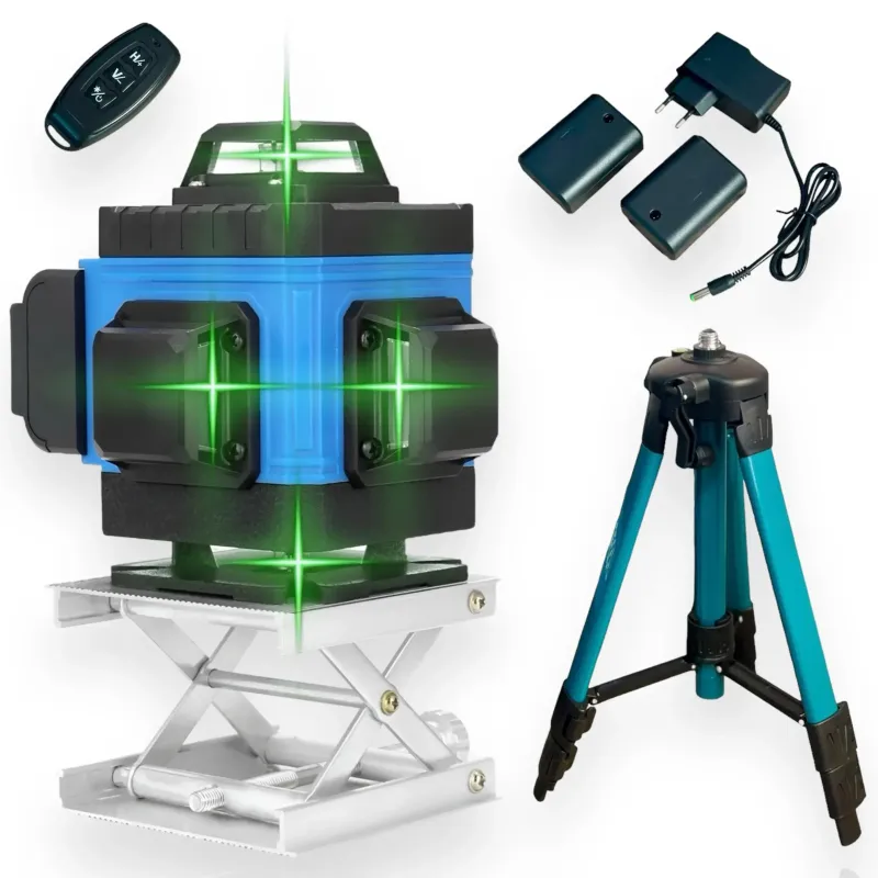 Лазерний 4D рівень акумуляторний -2 АКБ, 16 ліній, пульт дистанційного керування, цифровий дисплей, штатив, повний набір для встановлення, пластиковий кейс