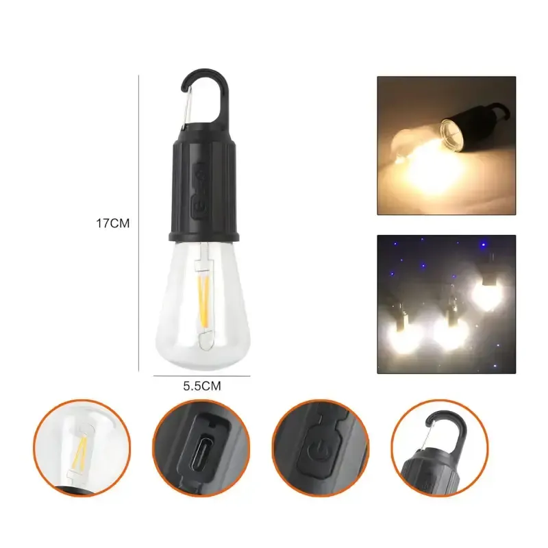 Лампочка з акумулятором + карабін, від USB, BL HK-169C / Підвісна LED лампочка / Ліхтар для кемпінгу