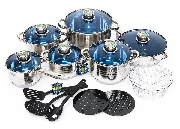 Набір посуду Grand Berg GB-2021 з нержавіючої сталі, 18 предметів, набір каструль