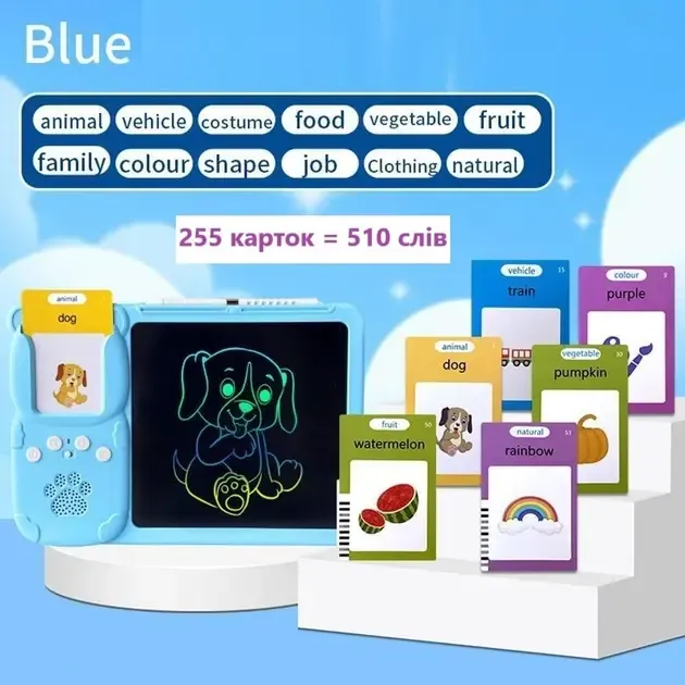 Монтесорі для вивчення англійської мови 2в1 інтерактивний планшет і кольорова LCD дошка для малювання 510 слів мишка Рожевий