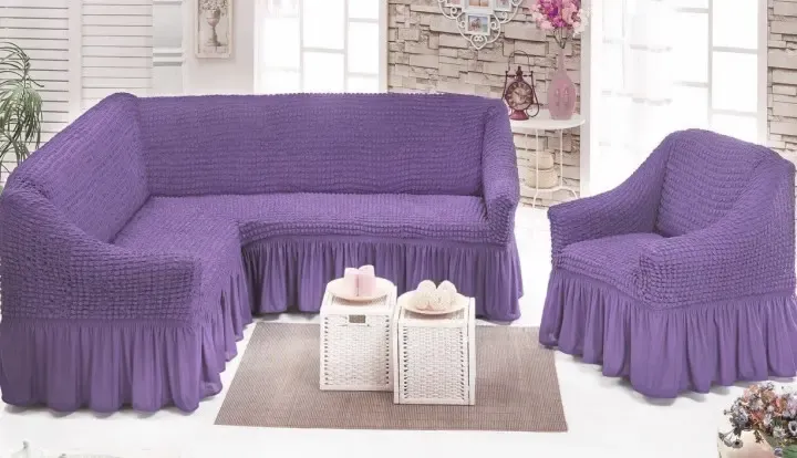 Чохол накидка на кутовий диван з кріслом, комплект чохлів на кутовий диван та крісло з оборкою Туреччина