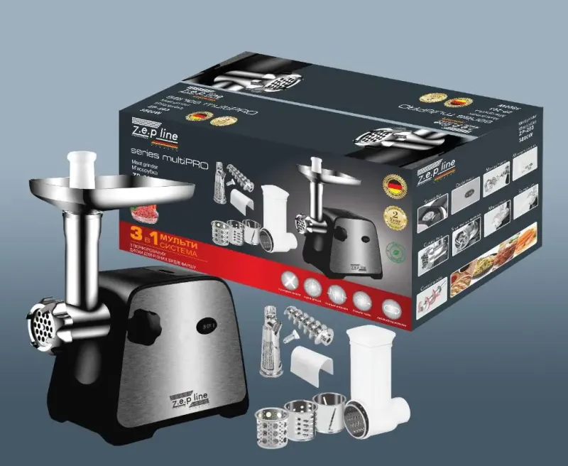 Електром'ясорубка + соковитискач та з шатківницею 4 насадки Zepline ZP-203