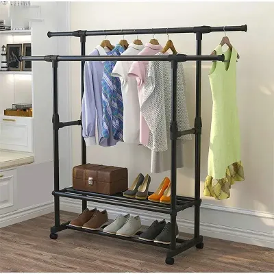 Потужна вішалка стійка для одягу телескопічна Double Pole 8019-2