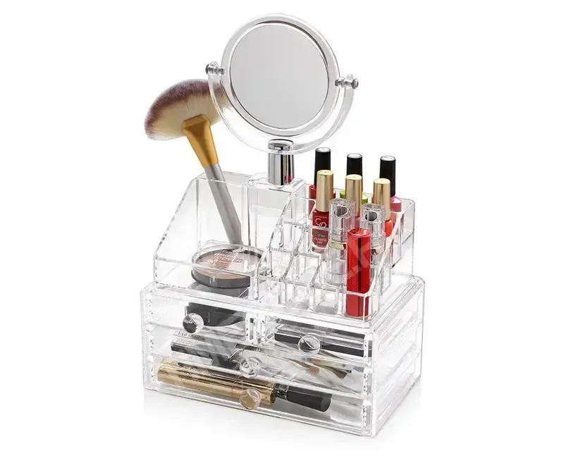 Акриловий органайзер для зберігання косметики з дзеркалом, настільний бокс, Cosmetic Storage Box, TS