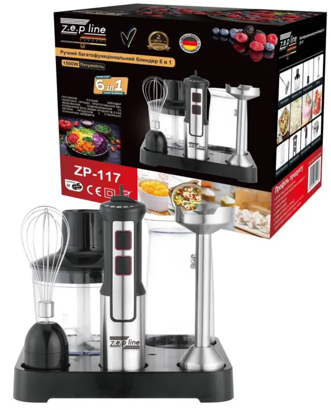 Блендер занурювальний домашній кухонний 6в1 Zepline ZP-117 1500Вт блендер, подрібнювач, міксер