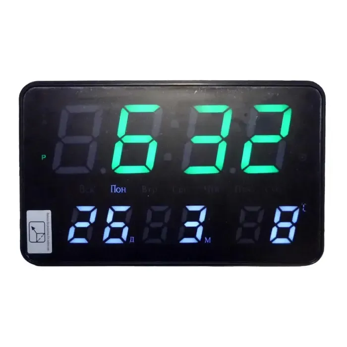 Годинники електронні настінні 2508 із зеленим підсвічуванням чорні 240х40х150мм TB