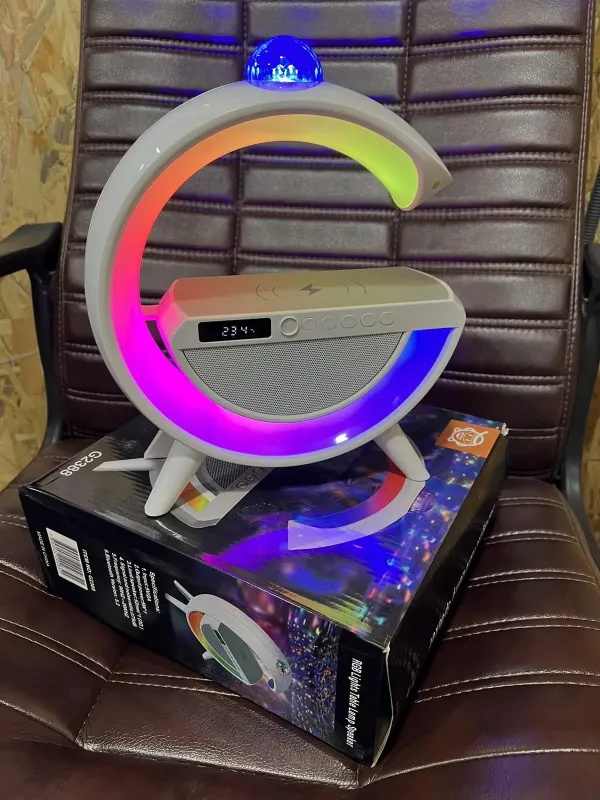Розумний світильник колонка з будильником та диско кулею/Нічник з бездротовою зарядкою для телефону/Bluetooth-колонка