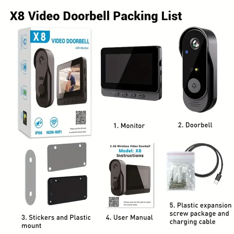 Дверний дзвінок з бездротовою камерою та екраном Wi Fi Smart X8 відеодомофон для дому з нічним баченням