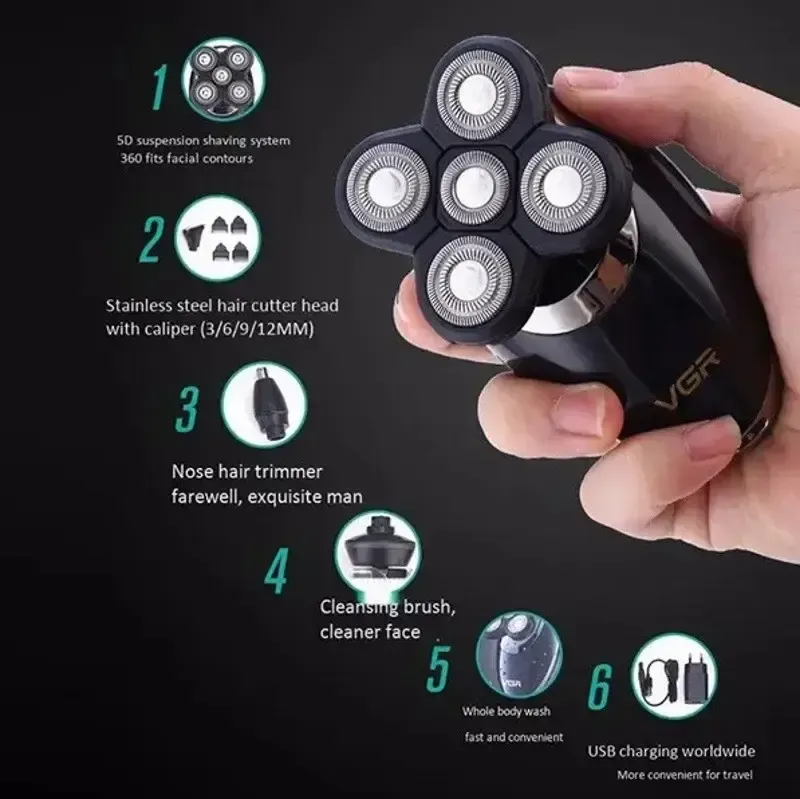 Електробритва V-302 для чоловіків роторна для вологого та сухого гоління з плаваючими головками та триммером 4в1 VGR