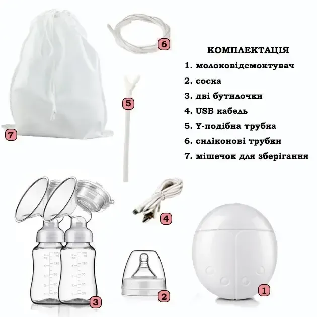 Електричний подвійний масажний молоковідсмоктувач Kinder Goods в комплекті з 2 пляшками для молока + соска, USB