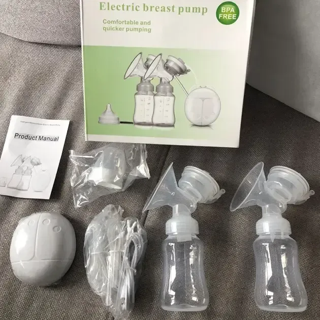 Електричний подвійний масажний молоковідсмоктувач Kinder Goods в комплекті з 2 пляшками для молока + соска, USB