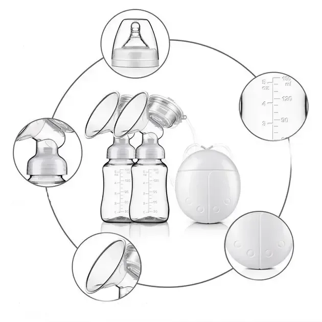 Електричний подвійний масажний молоковідсмоктувач Kinder Goods в комплекті з 2 пляшками для молока + соска, USB