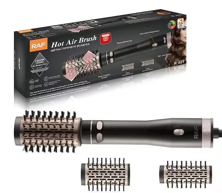 Фен браш стайлер з насадкою, що обертається RAF R.421 електричний гребінець Чорний 1000 Вт
