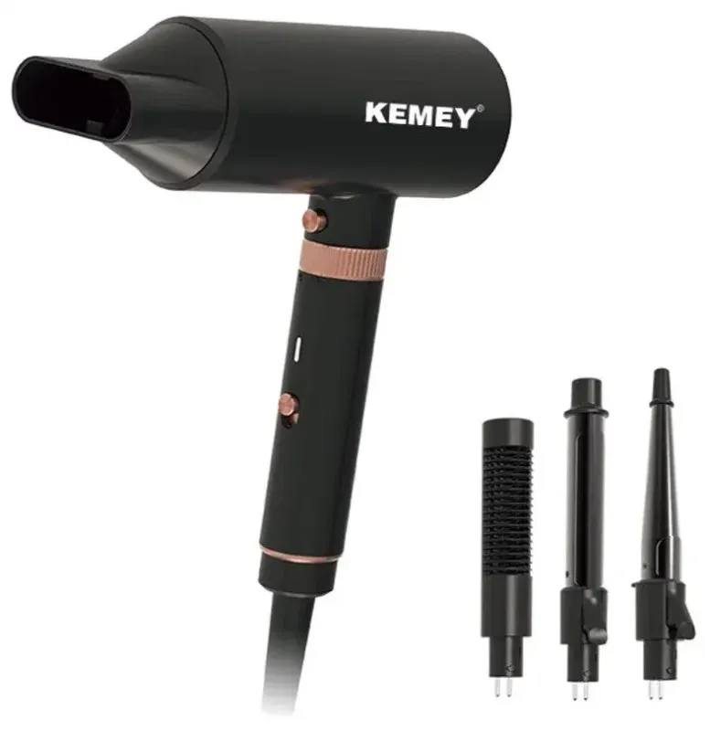 Фен для волосся Kemei KM-9203 4 насадки (концентратор, гребінець для вирівнювання волосся, насадка для локонів, конусна насадка)
