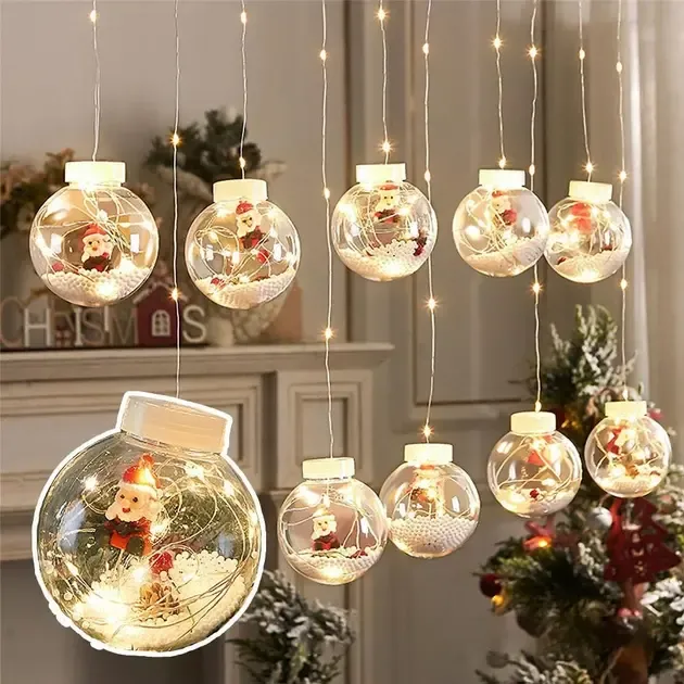 Гірлянда завіса штора Кулі з наповненням Дід Мороз, 3м, 10 куль LED USB