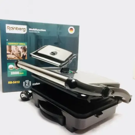 Гриль притискний Rainberg RB-5412 з ручкою індикатором нагріву 2800 Вт + знімний піддон для жиру Нержавіюча сталь з антипригарним покриттям