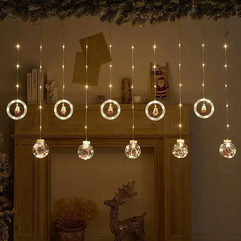 Гірлянда штора 3м з теплим жовтим світінням "Круги та кулі" ялинка, сніговик, дід мороз, олень, шапка SF-50