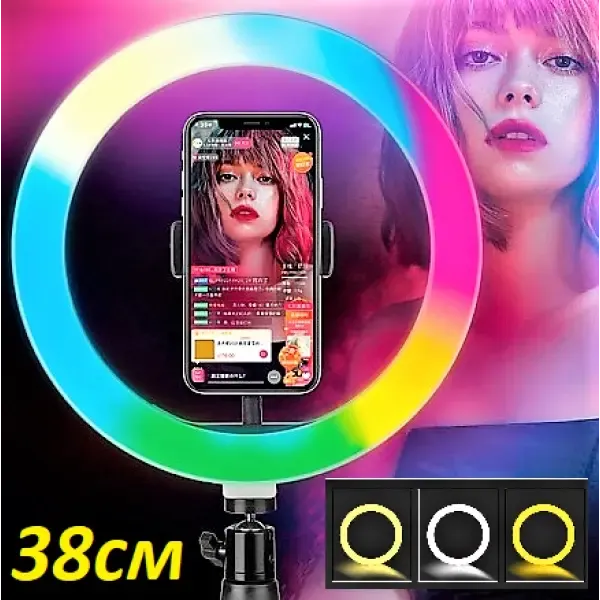 Кільцева LED лампа RGB MJ38 38см 220V 1 крепл.тел USB + пульт