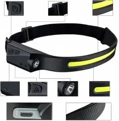 Легкий налобний ліхтар LED+COB з датчиком руху та червоним світлом (чорний)