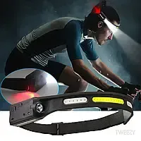 Легкий налобний ліхтар LED+COB з датчиком руху та червоним світлом (чорний)