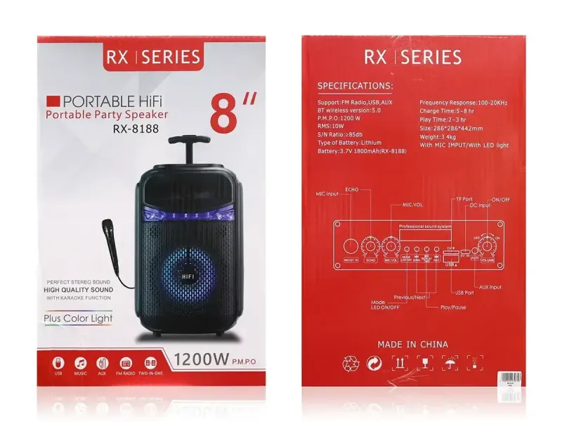 Музична колонка-радіо колонка з підсвідченням BLUETOOTH RX-8188 1200 ВТ із мікрофоном
