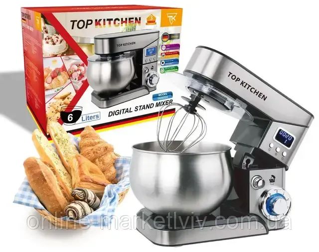 Міксер планетарний з чашею 6л, 4000Вт, Top Kitchen TК00224 / Кухонний тістоміс для дому / Кухонна машина