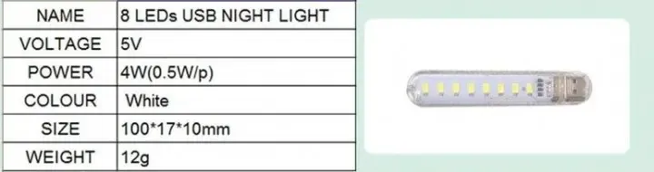 Міні ліхтарик на 8 світлодіодів, USB лампа, LED світильник (холодне біле світло)