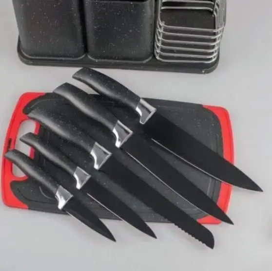 Набір кухонних ножів та приладдя ZP-045 на підставці з дошкою (14 предметів) чорний