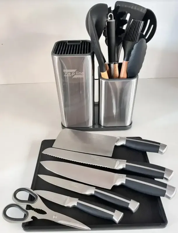 Набір ножів та кухонне начиння лопатки для кухні 17 в 1 дошка для нарізки на потрійній підставці, ножиці з напилком для заточування Zepline ZP-046